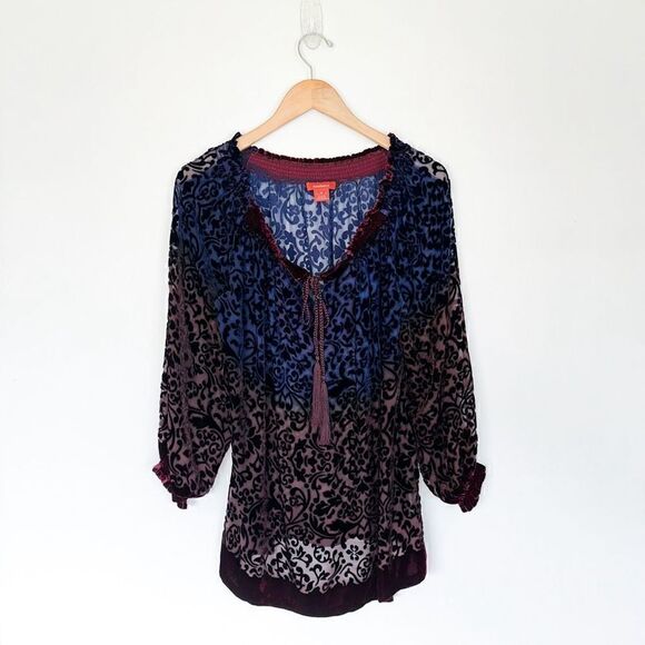 Sundance Women’s Silk Blend Velvet Burnout Ombre Tassel Scoop Neck Blouse - Picture 1 of 9